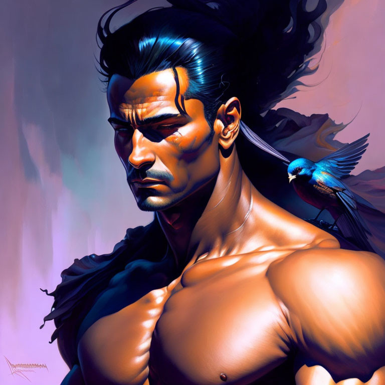 Muscular man with stern expression, black hair, and blue bird on shoulder against purple backdrop