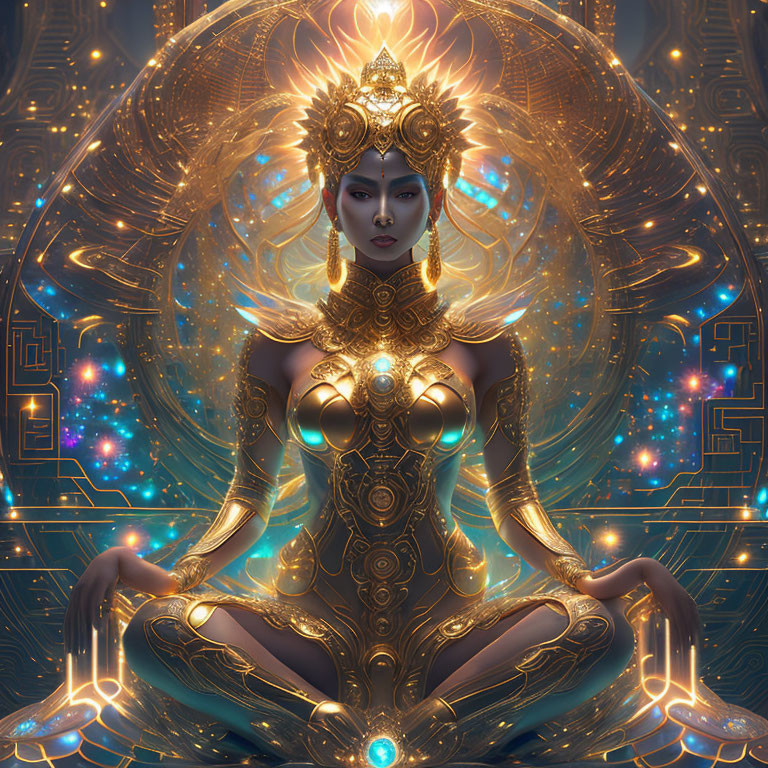 Mystical figure in meditative pose with golden armor and geometric patterns