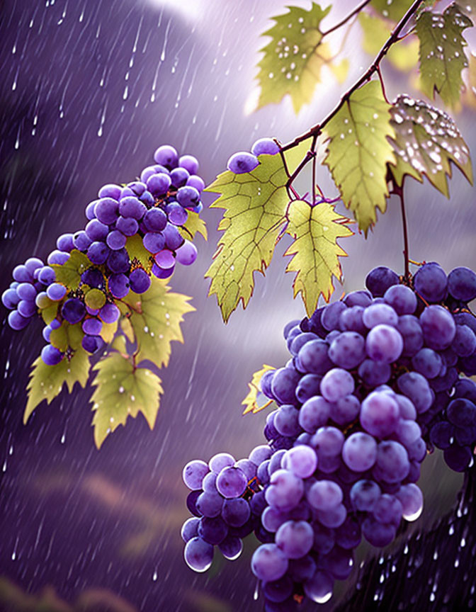 Ripe purple grapes on vine with green leaves in rain shower