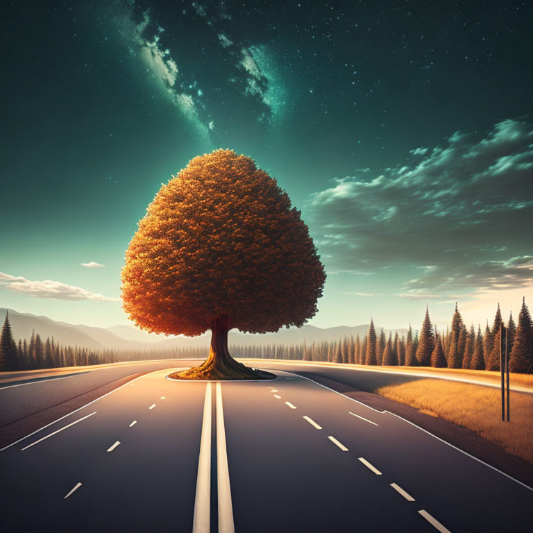 Lone tree with lush foliage at road split under starry dusk sky