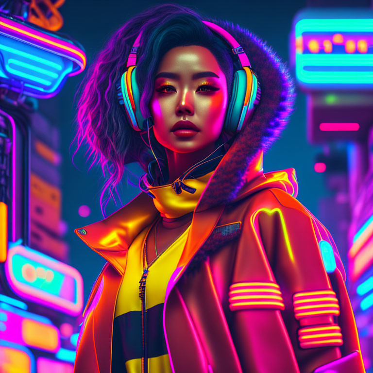 Stylish woman with headphones in neon cityscape.