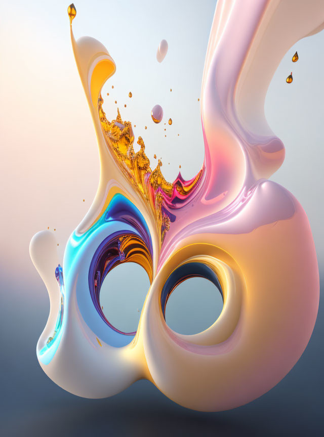 Vibrant 3D Abstract Art: Fluid Shapes, Iridescent Colors, Golden Splash