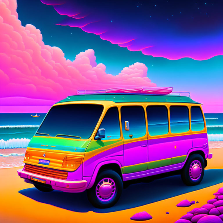 Colorful van on beach at sunset with pink clouds and calm ocean