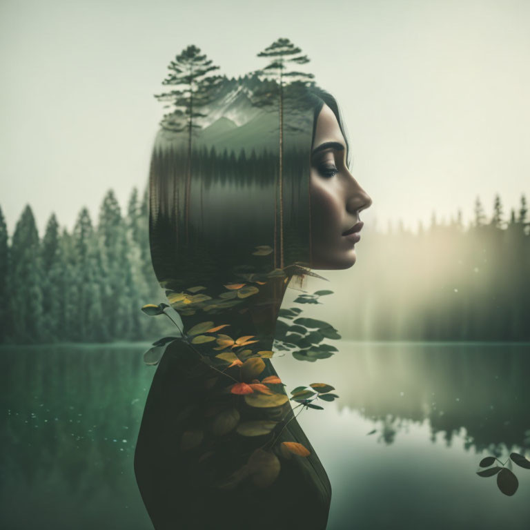 Surreal portrait blending woman with forest landscape and reflective lake