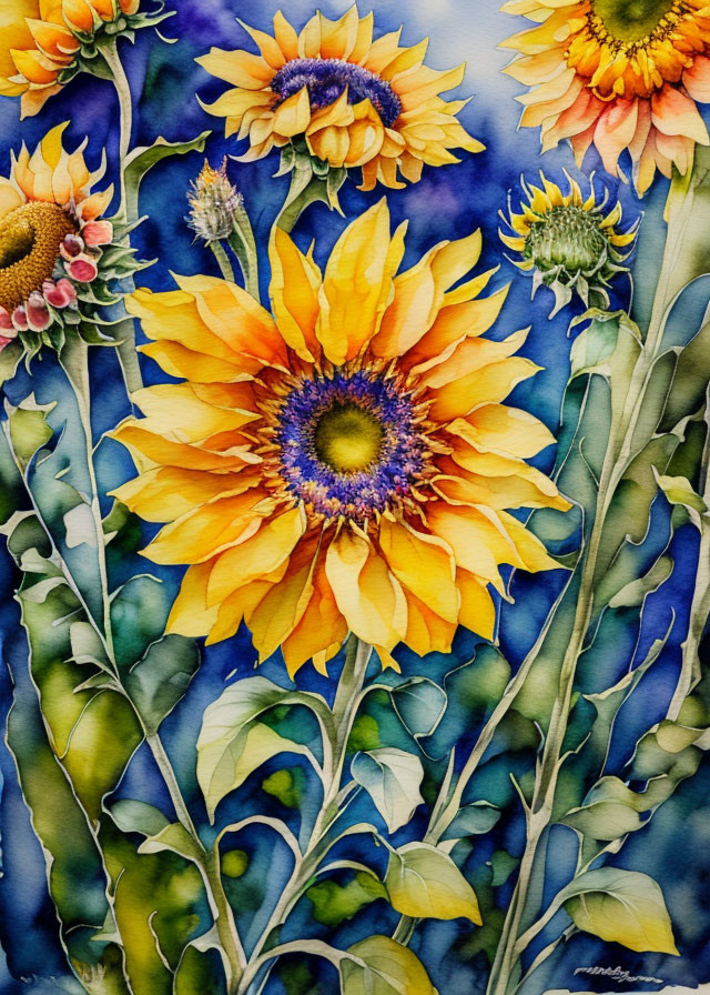 Sunflower Watercolor Painting with Bright Yellow Petals