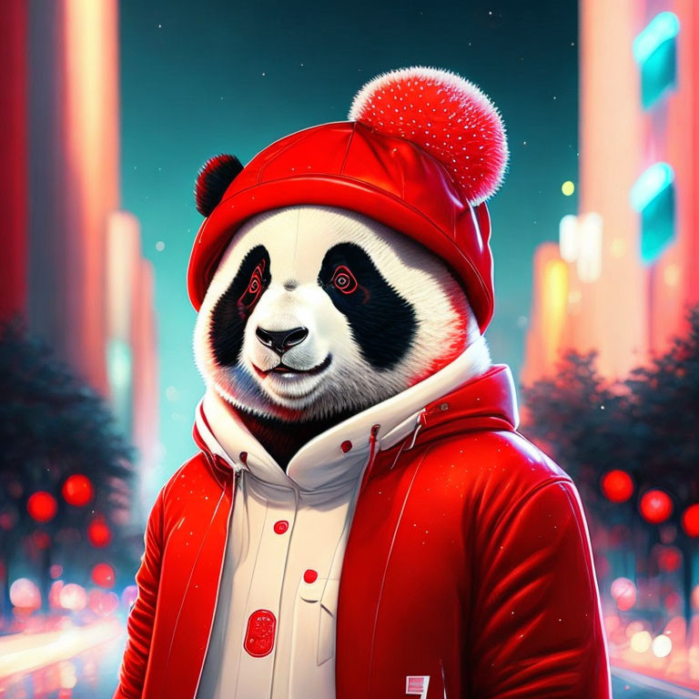 Anthropomorphic panda in red hoodie and beanie against neon-lit urban backdrop