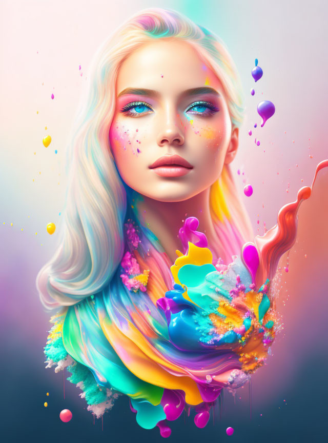 Vibrant digital artwork: woman with flowing hair merging into colorful liquid splashes