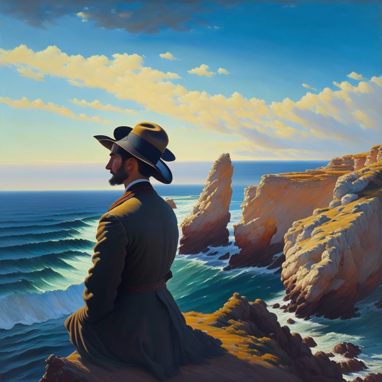 Man in wide-brimmed hat gazes at ocean waves on rocky coast