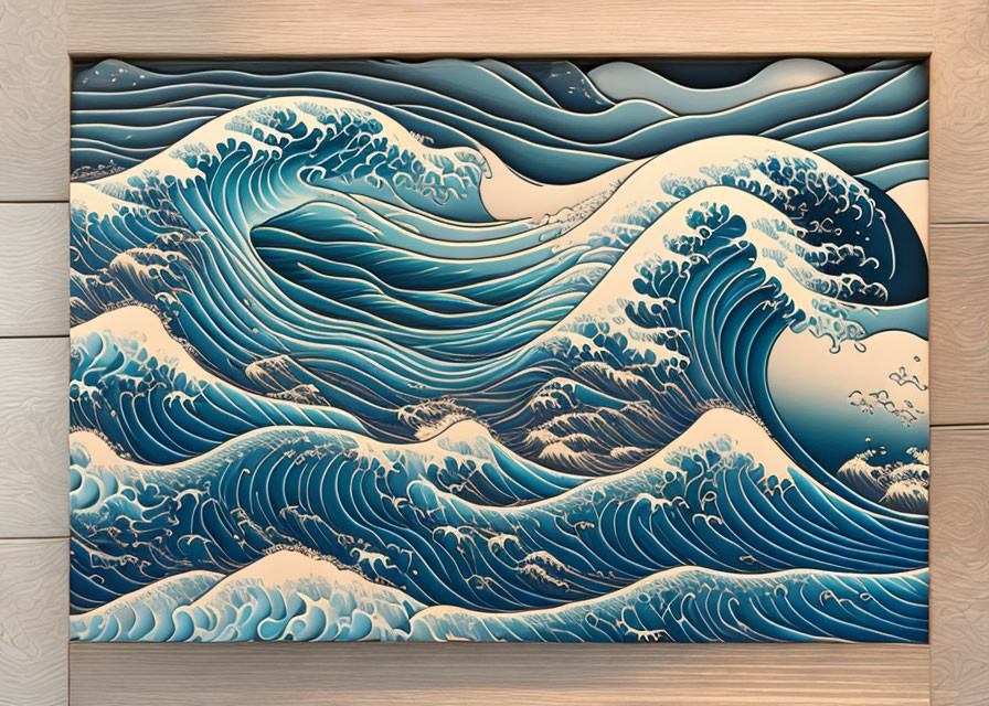 Framed art: The Great Wave off Kanagawa, blue and white waves on wood background