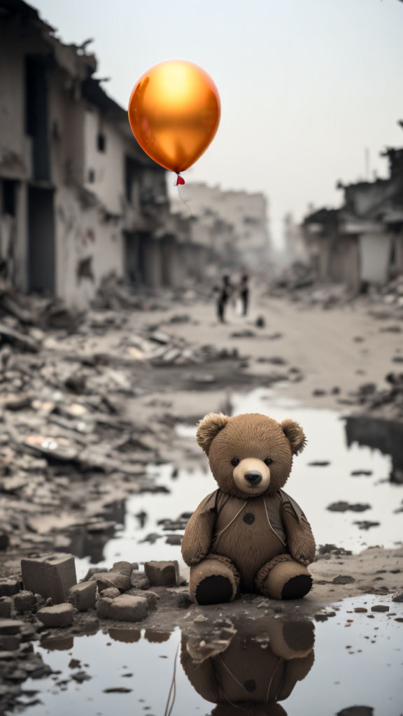 Abandoned teddy bear on rubble with red balloon, people in background