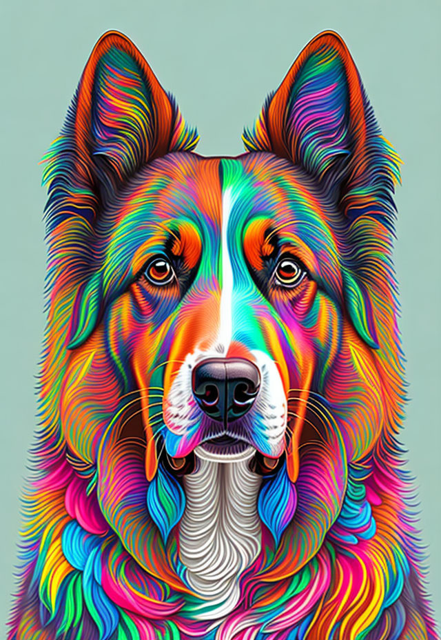 Vibrant digital artwork: Rainbow dog with realistic gaze on teal background