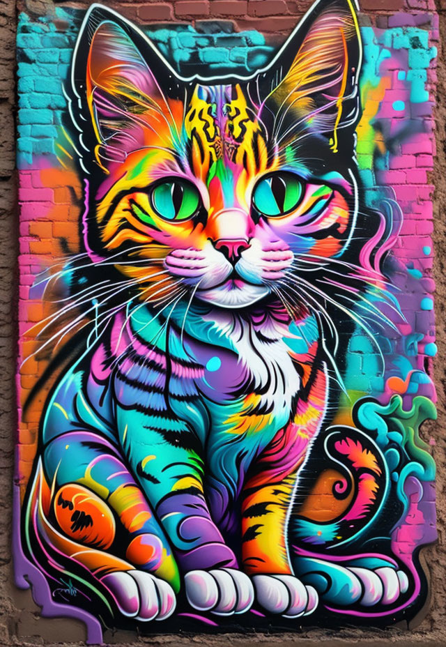 Colorful Stylized Cat Graffiti on Brick Wall with Psychedelic Patterns