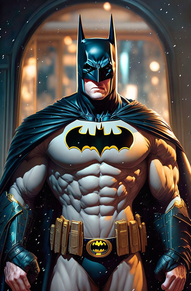 Muscular Batman in Black and Yellow Suit Standing by City Lights