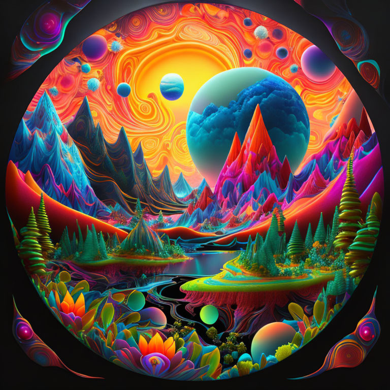 Colorful Psychedelic Landscape with Surreal Mountains and Floating Orbs