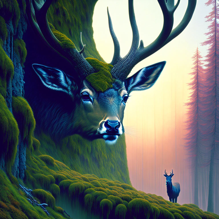 Majestic stag with large antlers in mystical forest scene