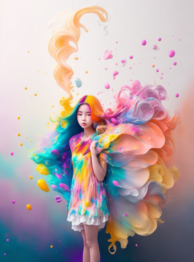 Colorful swirling hair girl in fantastical setting with pastel splashes