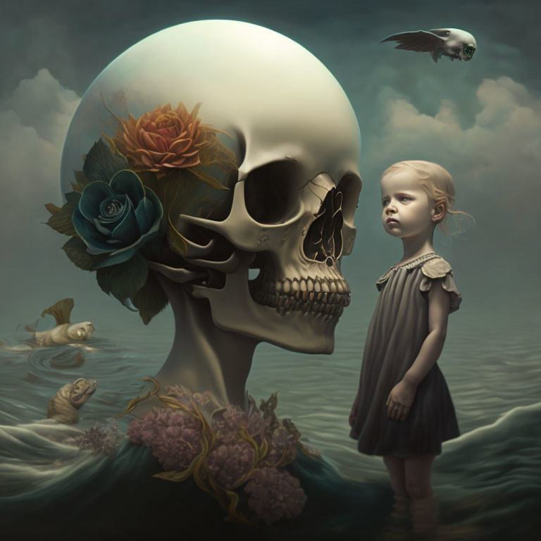 Young girl near giant skull, blooming flowers, owl, fish in luminescent setting