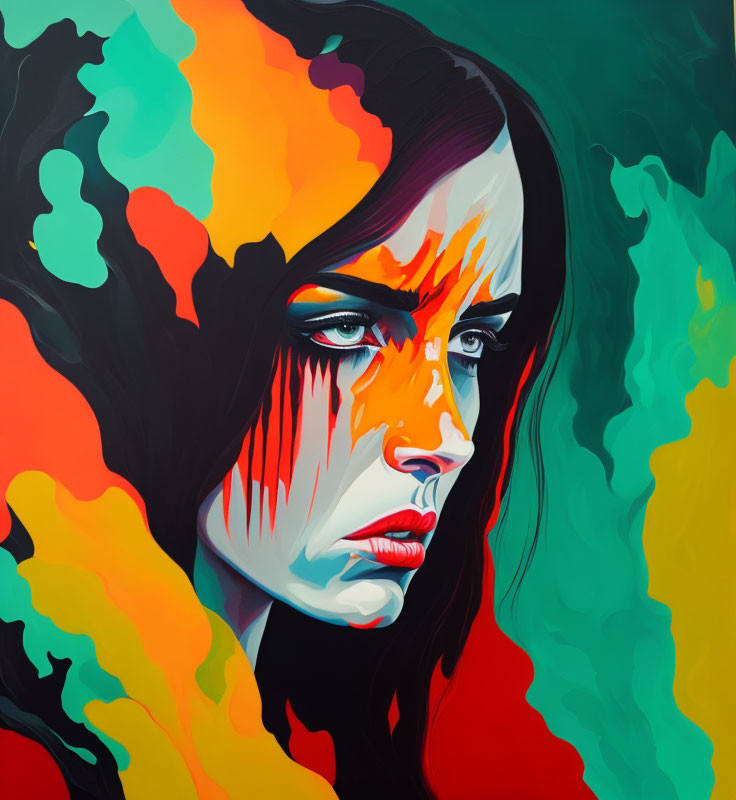 Colorful abstract portrait of a woman with somber expression