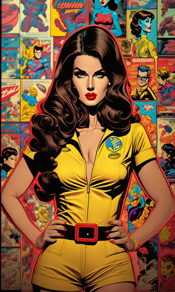 Woman with long dark hair in yellow jumpsuit surrounded by vintage comic book covers