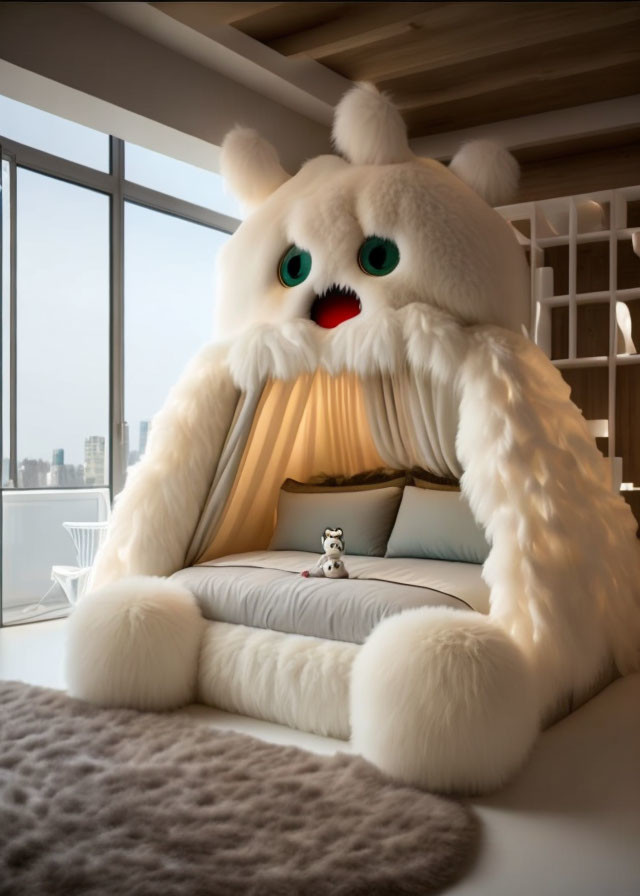 Whimsical bedroom with giant monster bedframe overlooking cityscape