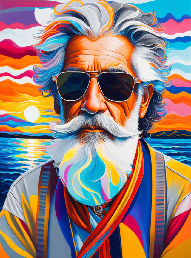 Stylish older man in colorful clothes at sunset