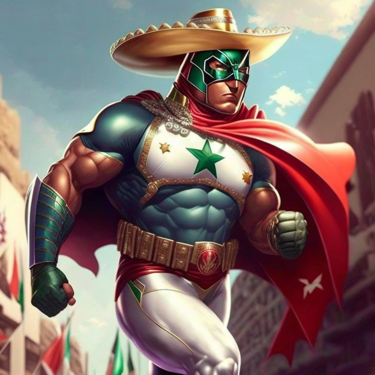 Muscular superhero in green and red suit with star emblem, golden belt, red cape, and wide