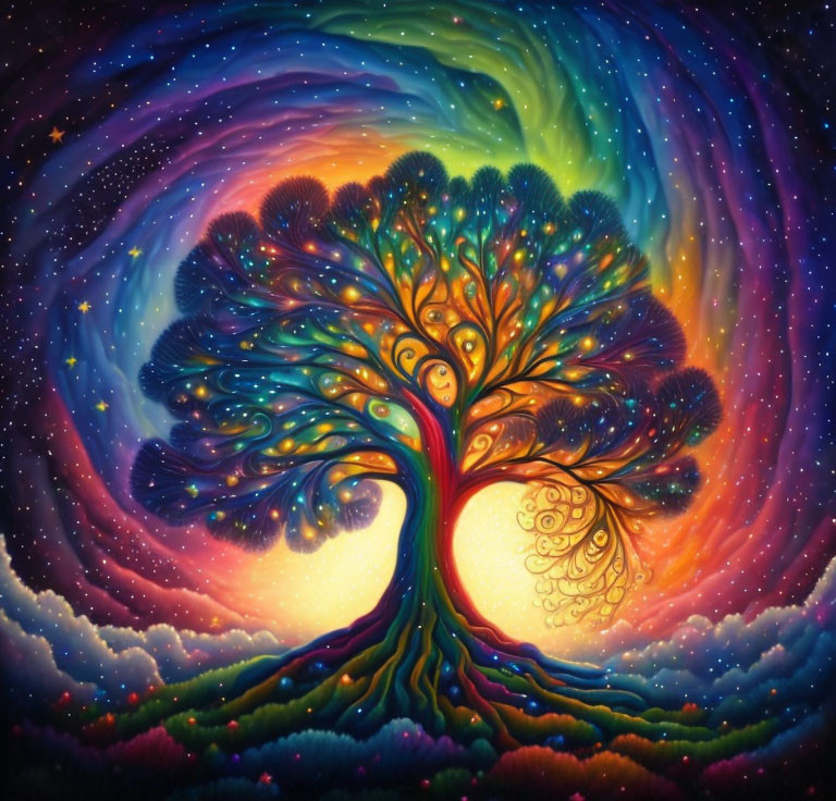 Colorful Tree Painting with Swirling Branches Under Starry Sky