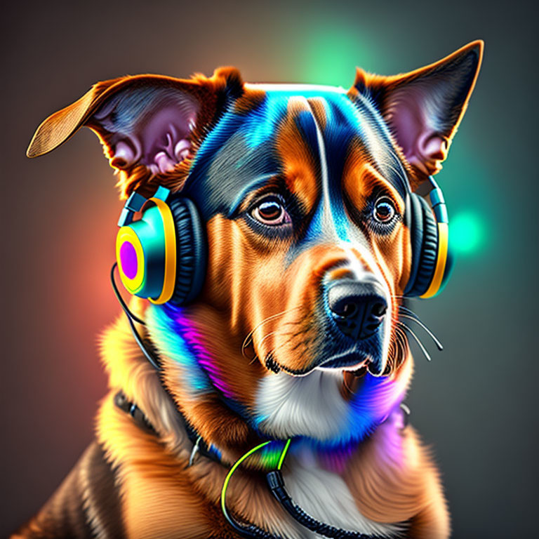 Colorful digital artwork: Dog with headphones & neon lights