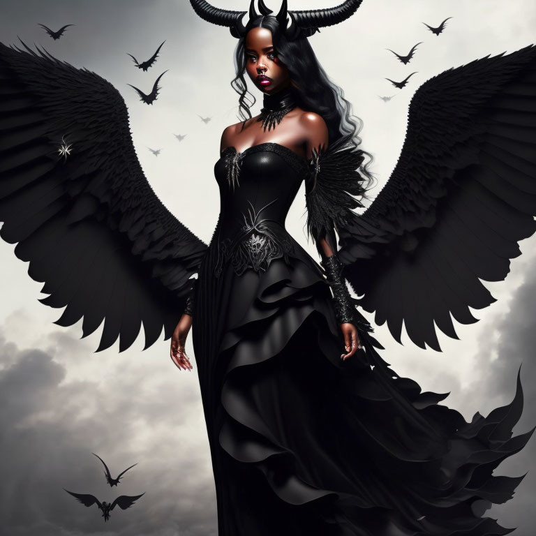 Woman in black dress with majestic wings under cloudy sky and mystical symbols.