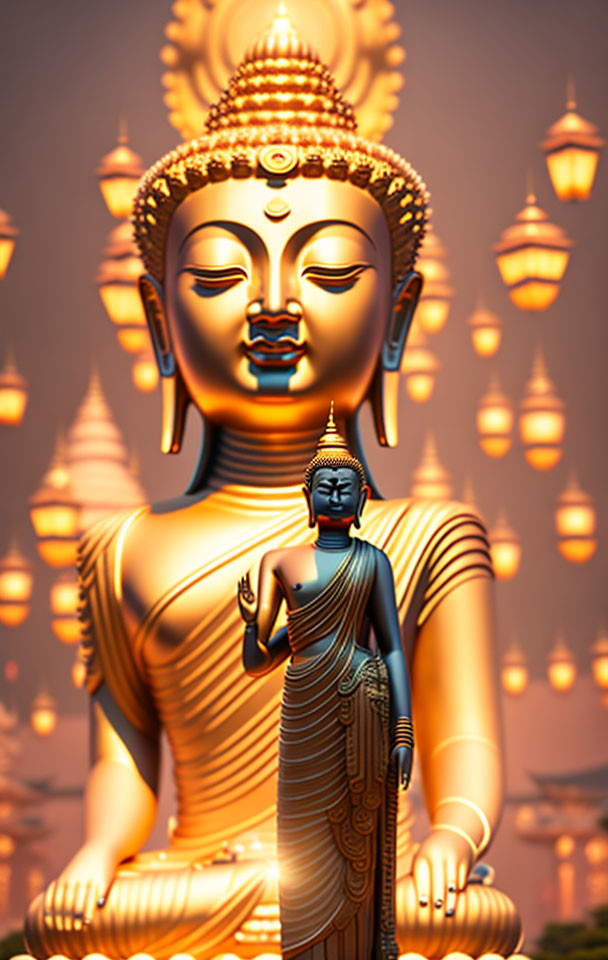 Golden Buddha statues with lanterns in serene setting