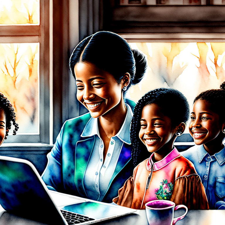 Smiling woman and three children with laptop in cozy autumn room