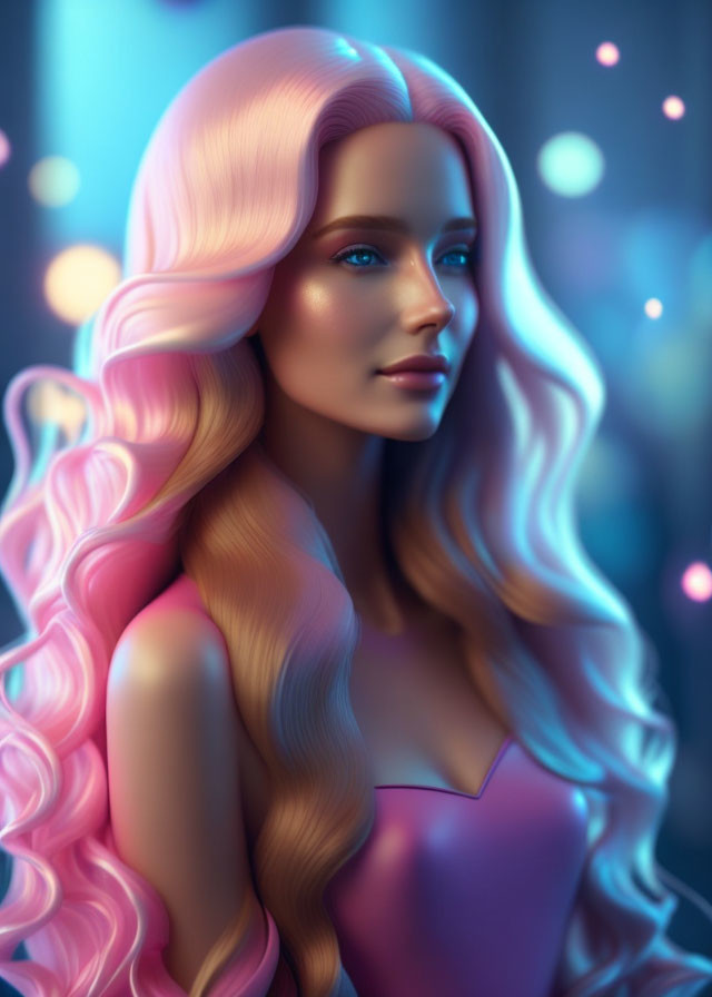 Serene woman with long pink hair and blue highlights on bokeh background