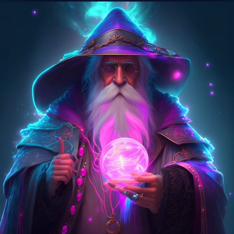 Elderly wizard with long white beard holding glowing purple orb