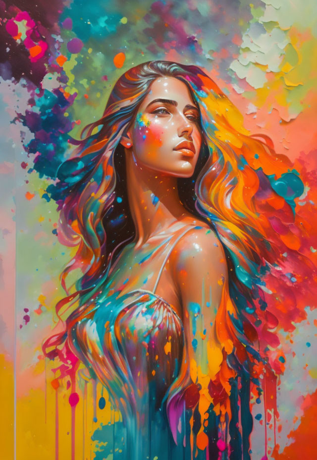 Colorful painting of woman with flowing hair and vivid background