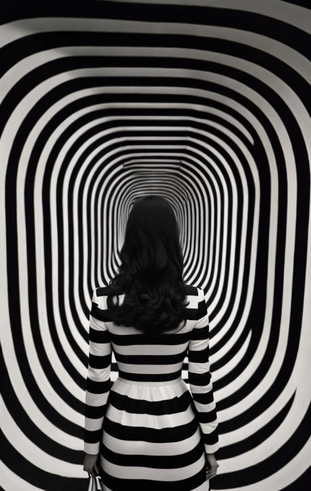 Long-haired person in striped shirt in front of black and white tunnel illusion