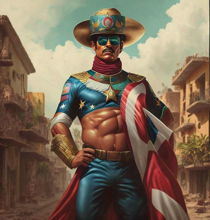 Muscular superhero in star-studded costume with sombrero, sash, holding flag in desert town