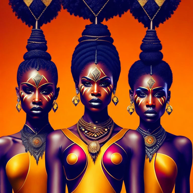 Ornate Golden Jewelry on Three Women with Striking Black Hairstyles