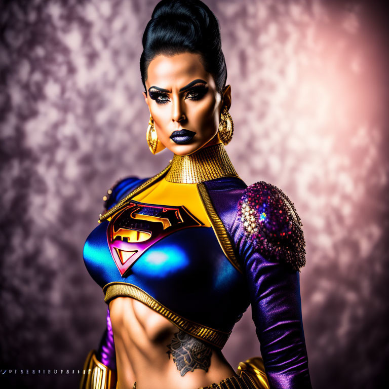 Confident individual in superhero costume with strong makeup on blurred background