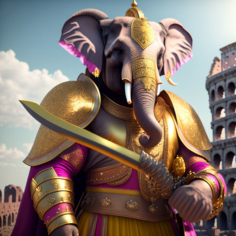 Anthropomorphic elephant warrior in golden armor with sword in 3D illustration