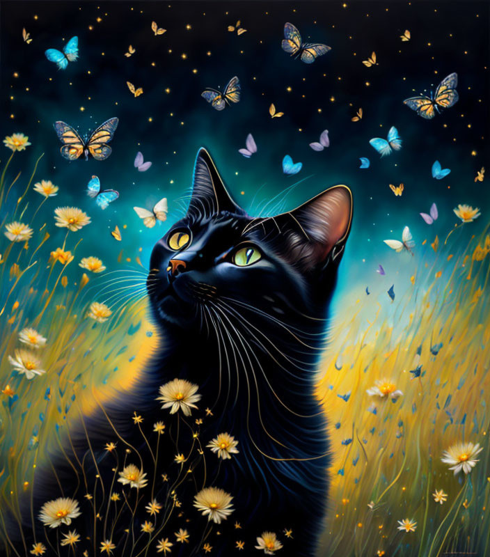 Black Cat with Yellow Eyes Surrounded by Dandelions and Glowing Butterflies