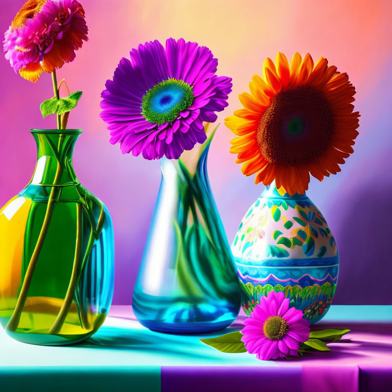 Vibrant flowers in assorted vases on colorful backdrop