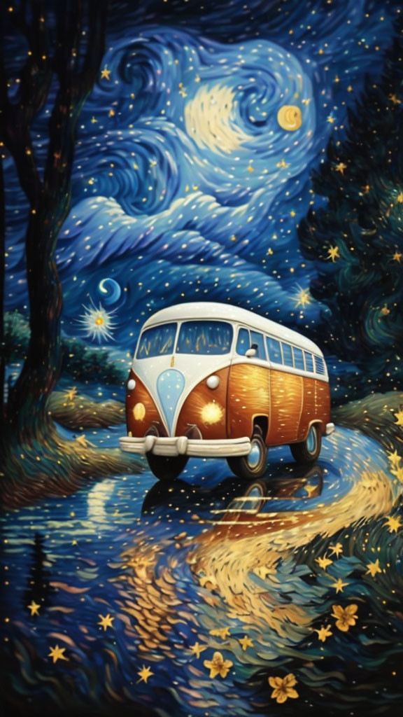 Stylized vintage van painting under starry night sky