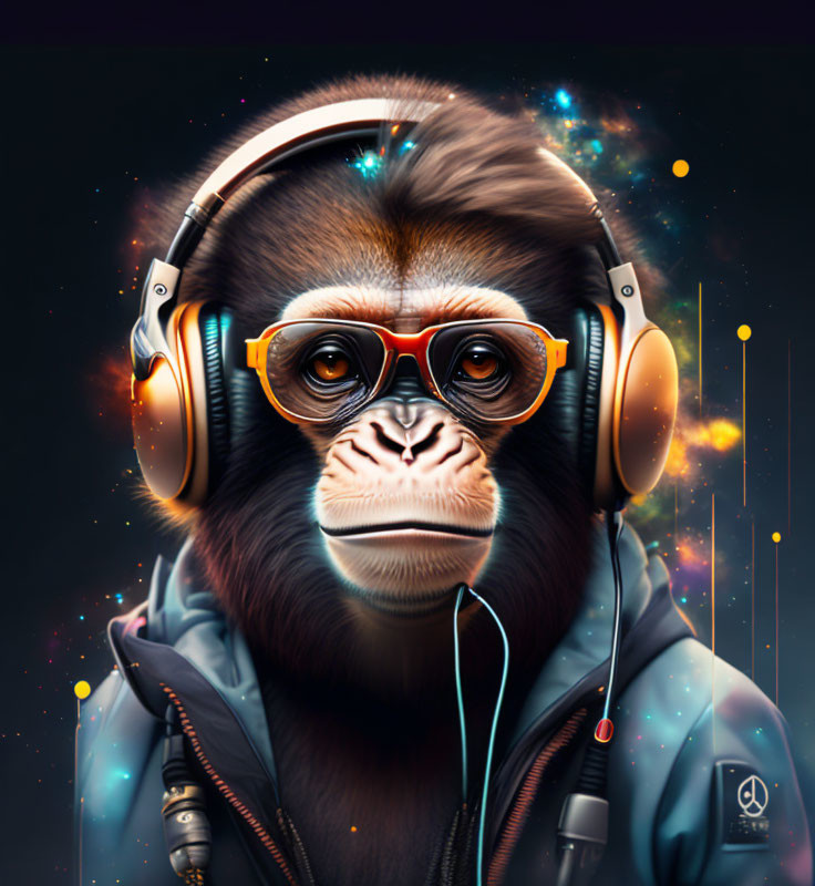 Vibrant digital artwork of chimpanzee with headphones and glasses