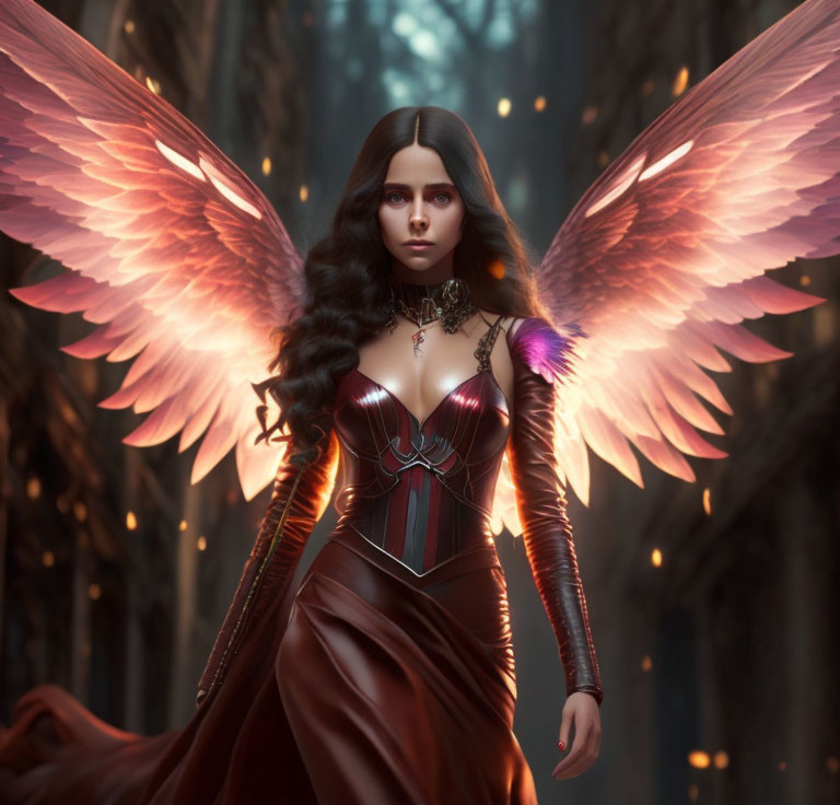 Digital artwork of woman with peach wings in mystical forest wearing red corset dress