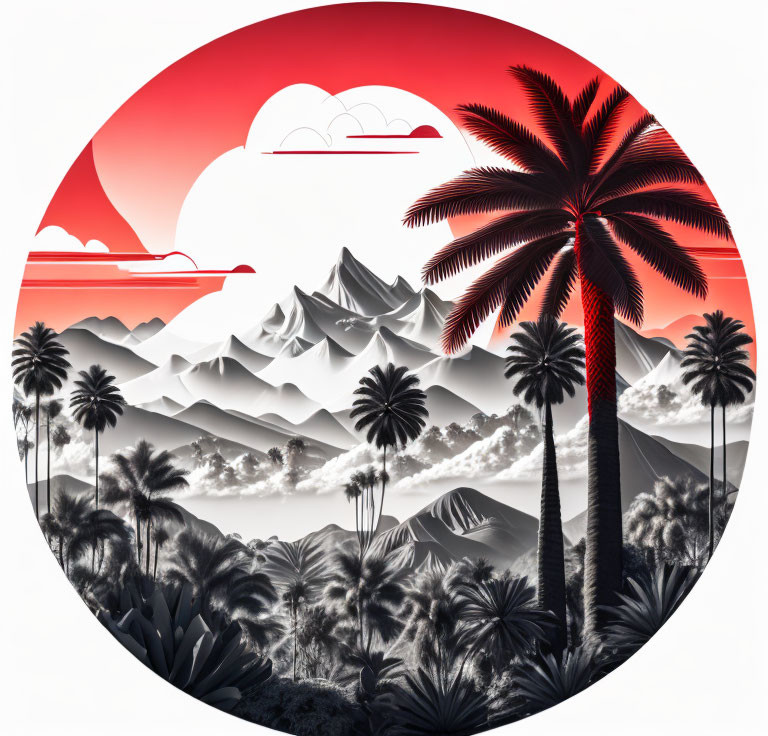 Monochromatic tropical landscape: palm trees, mountains, large red sun, circular frame.