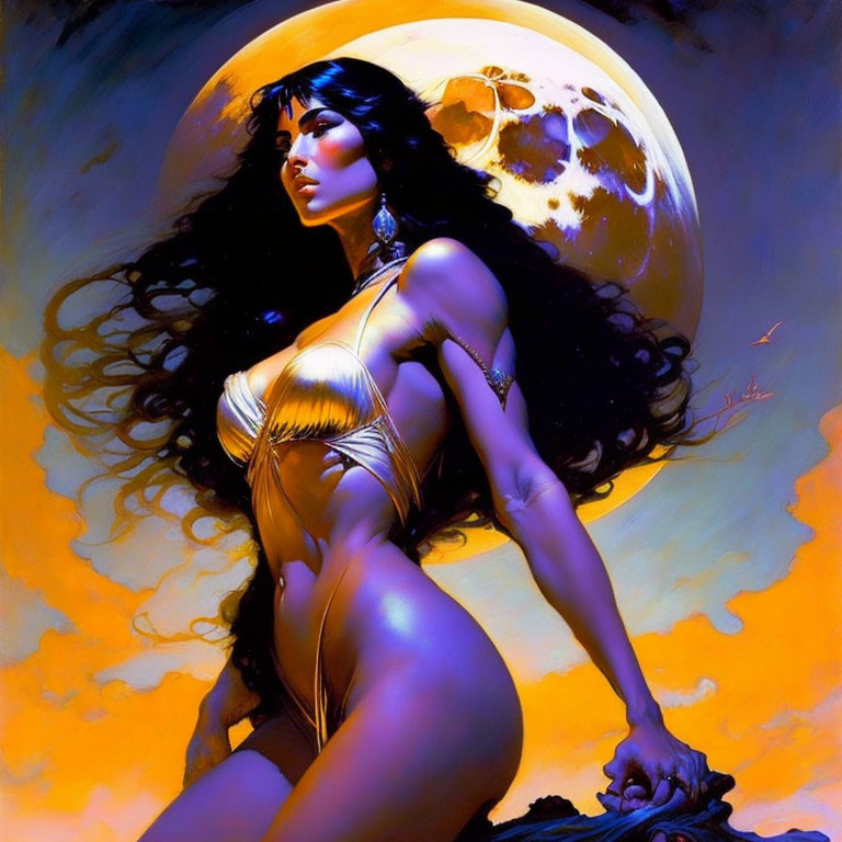 Stylized illustration of woman with flowing dark hair in gold attire against vivid moonlit backdrop