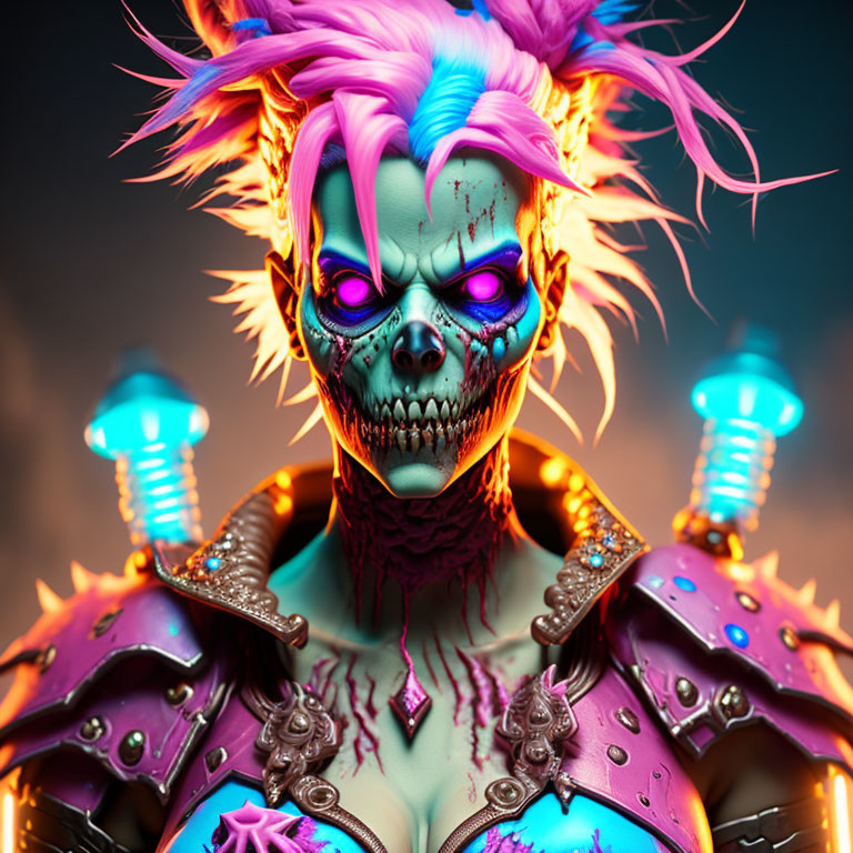 Colorful digital artwork: Character with skeletal face, neon hair, futuristic armor, moody backdrop