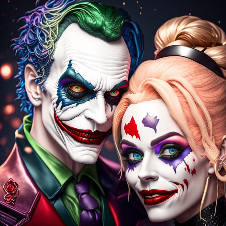 Stylized Joker and Harley Quinn characters with vibrant makeup