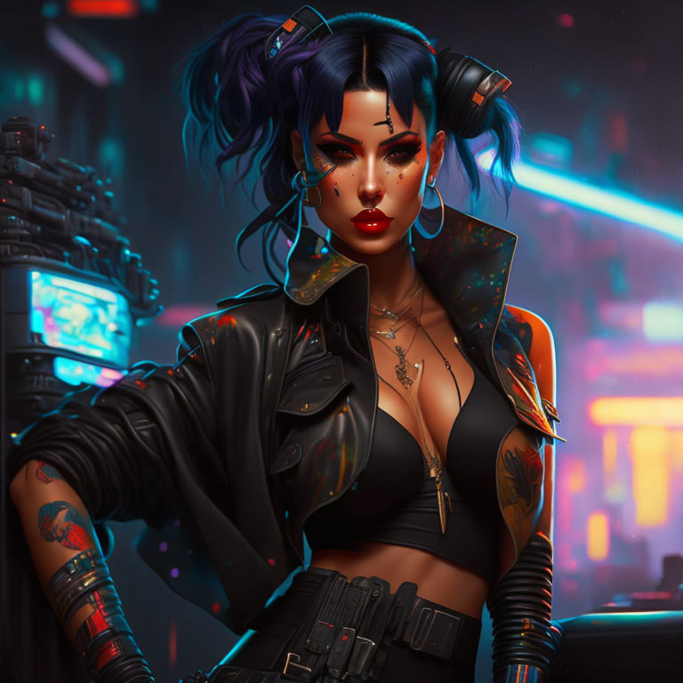 Futuristic woman with blue hair and cybernetic headphones in neon-lit cityscape