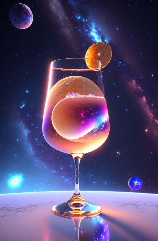 Vibrant cosmic-themed digital artwork with wine glass and orange slice against starry space.